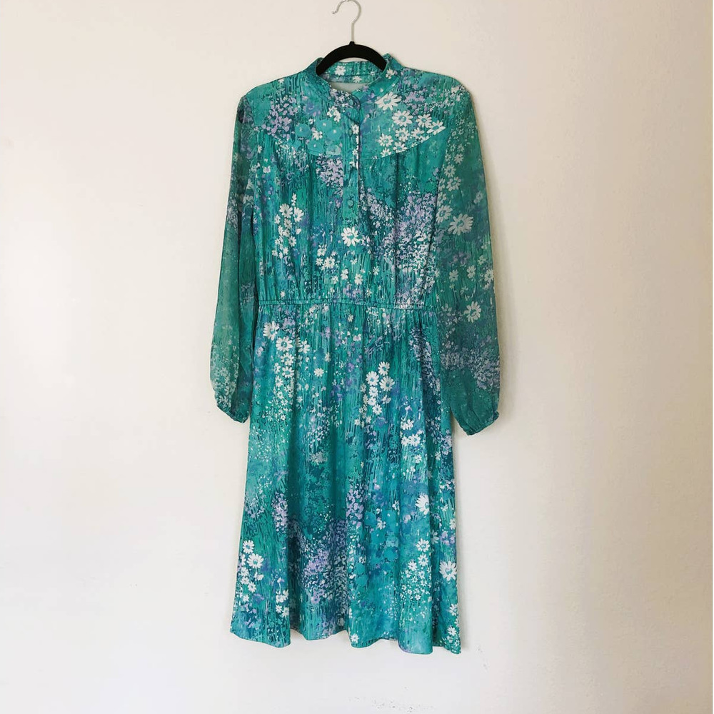 Vintage Green Watercolor Floral Dress Size Large